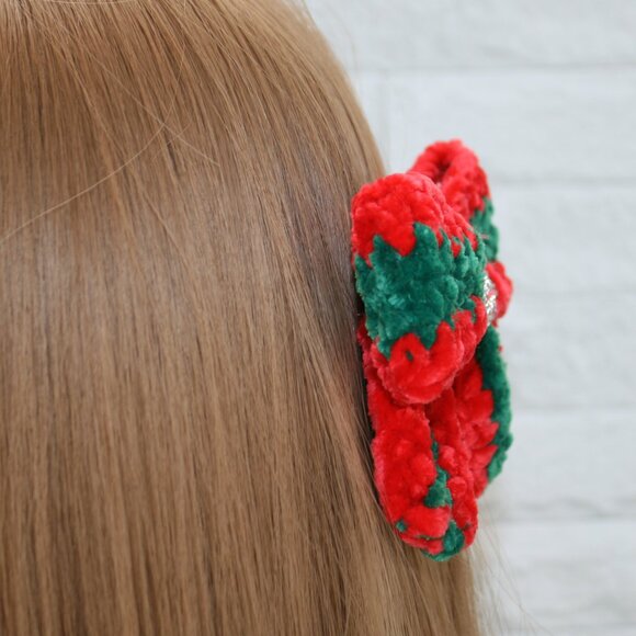 HAND CRAFTED Hairbow Kids Christmas Crochet Chenille Velvet Hair Barrette Stripe - Picture 3 of 12